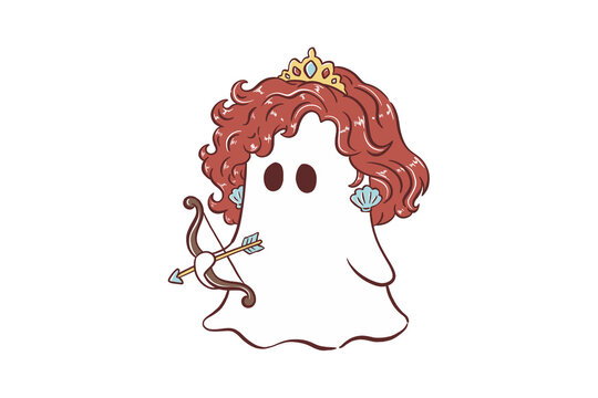 Brave Curly Red Hair Ghost Princess Holding Archery Bow and Arrow for Sublimation Design