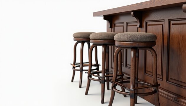 Bar stools lined along wooden bar counter with cushioned round seats and metal footrests, bar stools showing dark wood finish, curved legs and supportive upholstery,