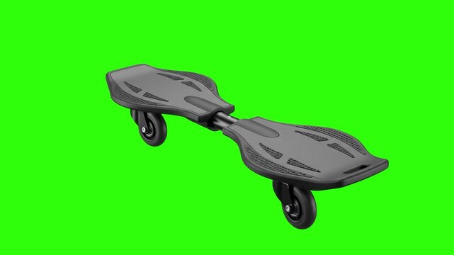A professional 3D rendering of a modern black waveboard (caster board) featuring a twisting deck and dual pivoting wheels, isolated against a solid chroma key green screen background. Ideal for extrem