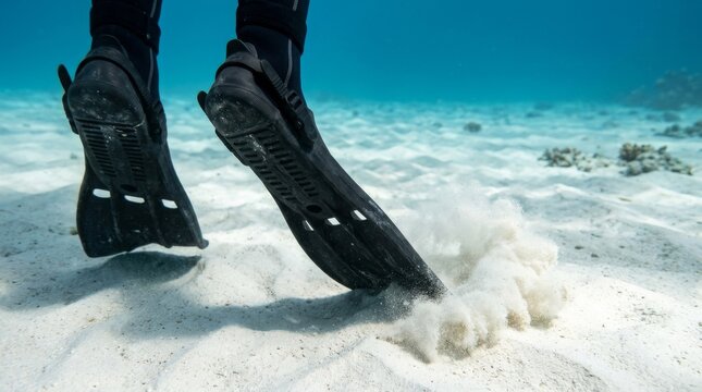 Person wearing black dive fins swims above a sandy ocean floor.