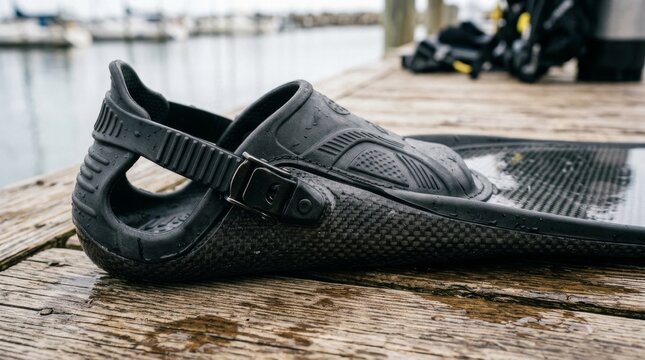 Black rubber sandal rests on a weathered wooden dock by the water.