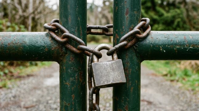 Rusty chain locks a green metal gate with a padlock.