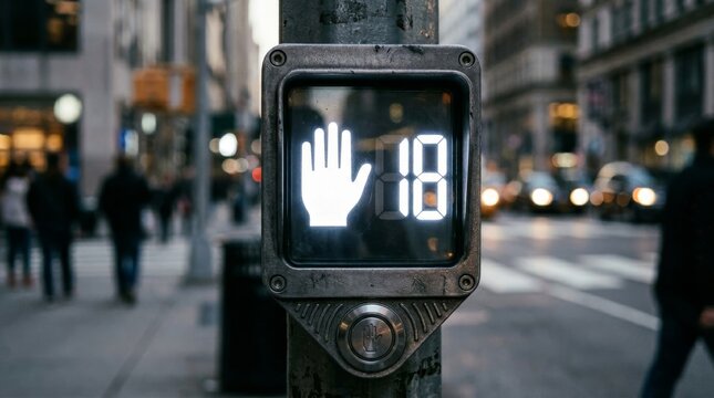 A pedestrian crossing signal shows a raised stop hand.