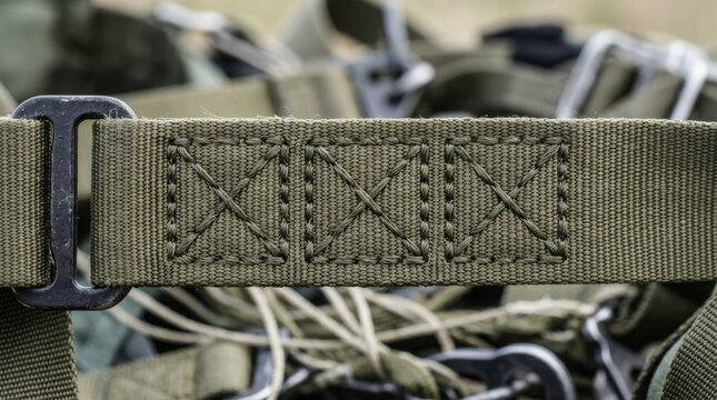 This close up shows a rugged fabric strap with a metal buckle.