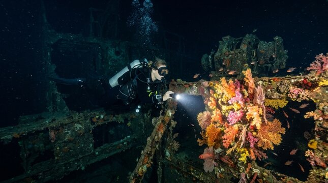 Scuba diver carefully explores colorful coral on a sunken wreck.