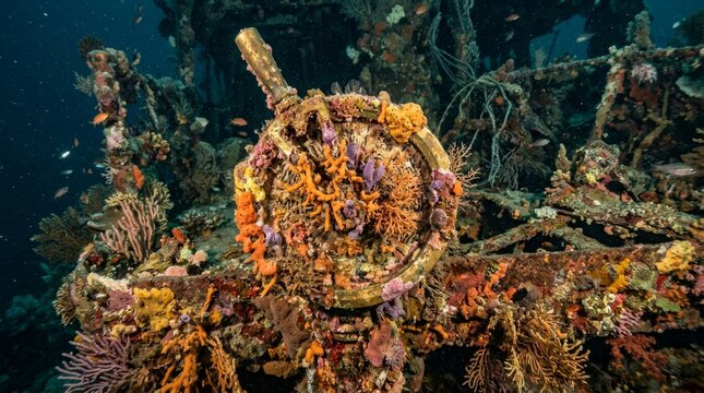 An underwater wreck wheel is covered in colorful coral and sponges amid rusting metal debris.