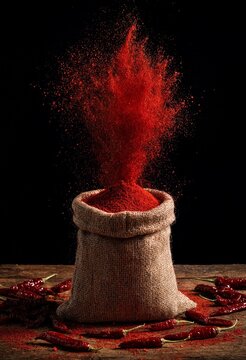 A rustic burlap sack filled with vibrant red chili powder exploding into a cloud on a wooden table