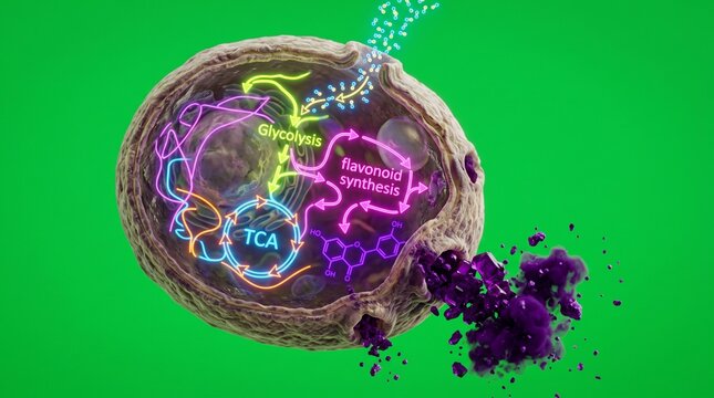 Yeast cell metabolism showing glycolysis and TCA cycle pathways for sugar fermentation