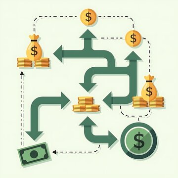Financial cash flow diagram with money bags, coins and green arrows
