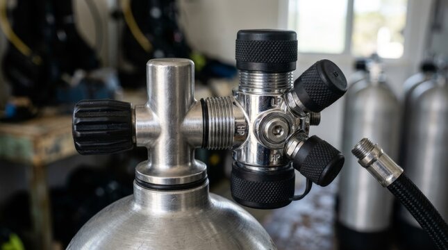A close up shows a scuba regulator connected to a metal tank valve.