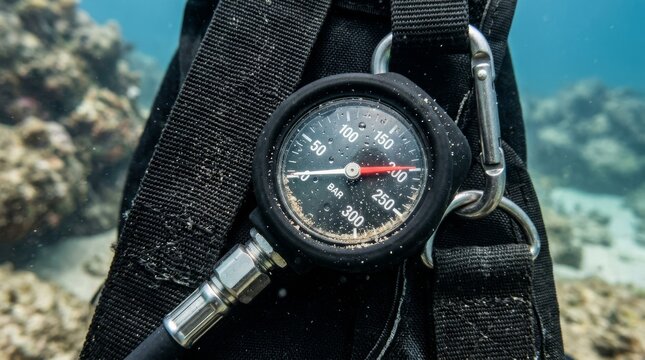 Diver checks the pressure gauge on gear while swimming underwater.