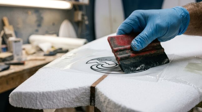 A gloved hand uses a red sanding block on a white surface.