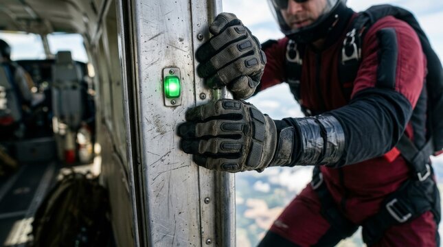 A person wearing protective gloves grips a metal frame next to a green illuminated switch.