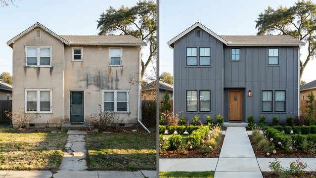 Suburban home exterior before and after renovation comparison with renovation exterior improvement comparison architecture
