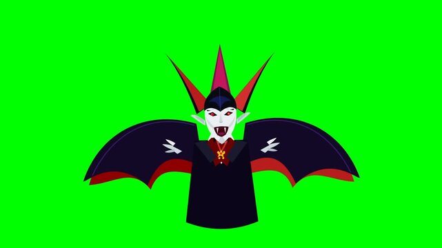Cartoon Dracula vampire character with cape and fangs on green screen background for Halloween