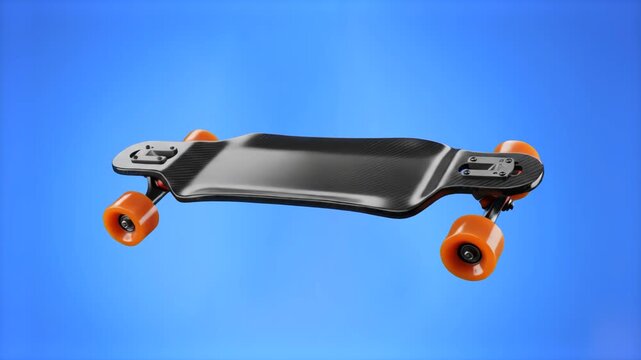 A high-quality 3D rendering of a black longboard deck with orange polyurethane wheels, shown in side view, isolated on a solid blue background. Excellent for skate culture promo materials, longboardin