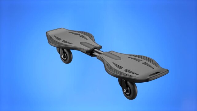 A clean 3D render of a sleek black caster board (waveboard) with two pivoting wheels and a dual deck design, floating isolated against a solid blue backdrop. Ideal for street sports marketing, extreme