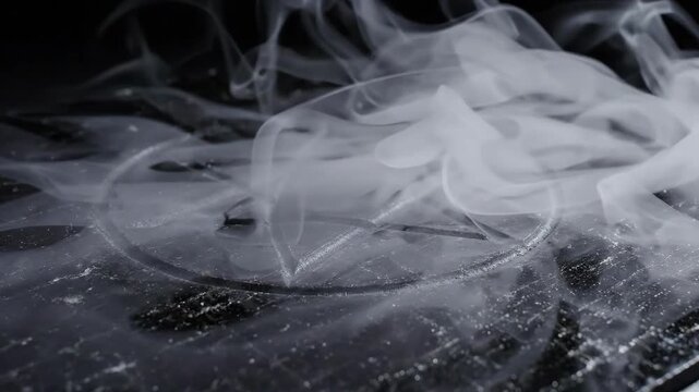 Cinematic 4K Slow Motion of a Mystical Pentagram Symbol with Purple and White Smoke Rising on a Dark Occult Altar