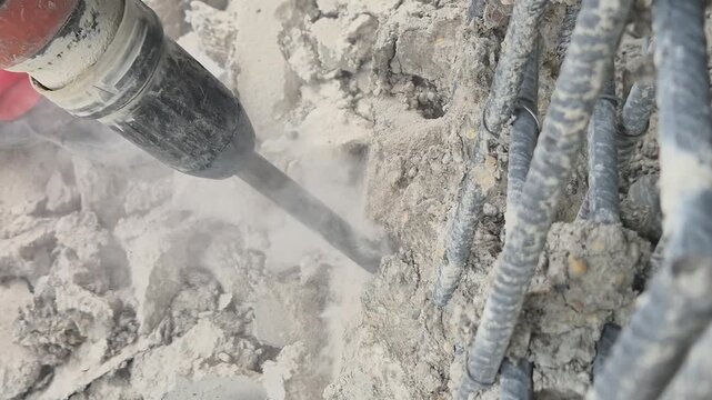 Close up top view of a heavy electric jackhammer demolishing a reinforced concrete wall revealing the inner steel rebar structure.