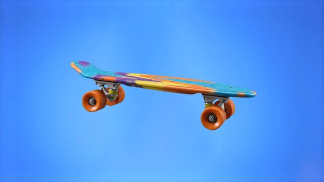 A vibrant 3D render of a short penny board skateboard featuring a colorful patterned deck and orange wheels, floating isolated against a solid blue backdrop. Perfect for extreme sports branding, skate