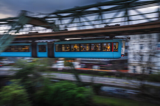 Wuppertal bey night - fast suspension railway, North Rhine-Westphalia, Germany