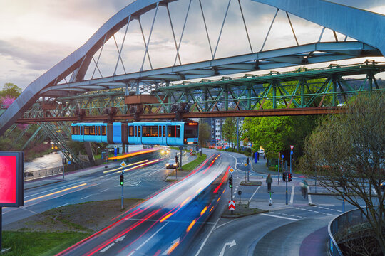 Wuppertal bey night - fast suspension railway, North Rhine-Westphalia, Germany
