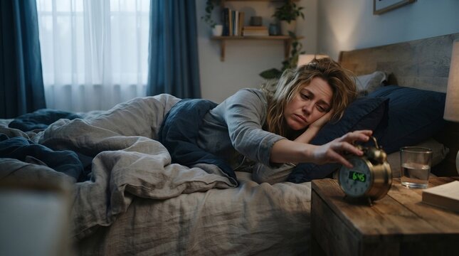 Tired woman waking up in bed and turning off alarm clock in the morning bedroom interior