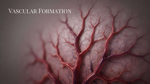 Close up microscopic view of red vascular blood vessel network formation