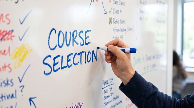 Course selection text on whiteboard, student hand writing academic planning notes, university enrollment and curriculum schedule concept