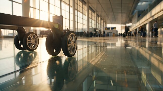 Luggage Wheels Rolling on Airport Terminal Floor at Sunset