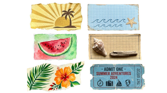 Set of summer vacation elements, tropical stickers, and travel ticket isolated on transparent background