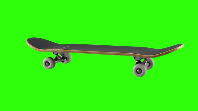 Classic wooden skateboard with black grip tape and white wheels floating in side profile against a vibrant green screen keying background. Ideal for extreme sports promos, skate culture videos, youth 