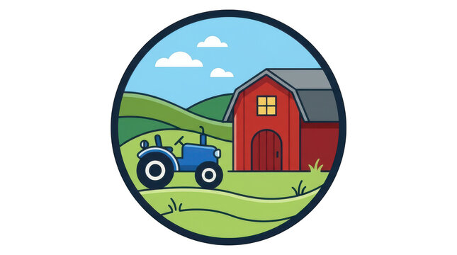 Vector illustration of a farm scene with a red barn and a blue tractor in a circular frame isolated on transparent background