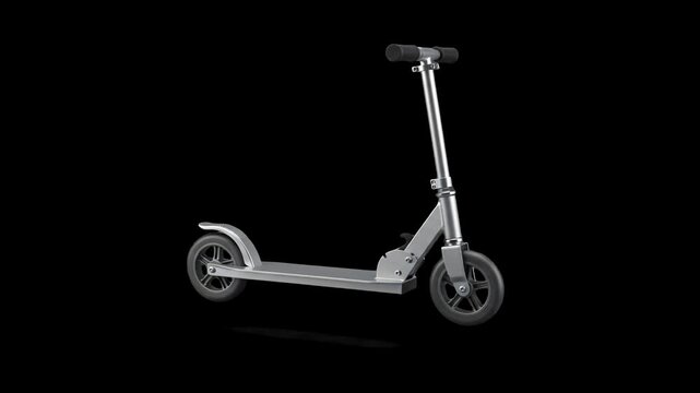 Sleek silver aluminum kick scooter isolated against a solid dark backdrop in side view. Great for eco-friendly transit marketing, modern urban mobility promos, product catalogs, and high-contrast moti