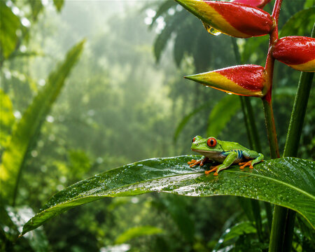 Vibrant red-eyed tree frog resting on a dew-covered leaf next to tropical heliconia flowers in a lush rainforest