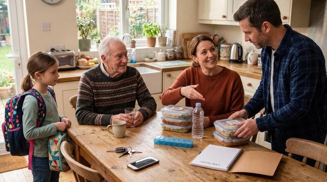 Kitchen handoff connects meal preparation with shared caregiving as relatives exchange containers, medicine and timing details for child and older family member each day.