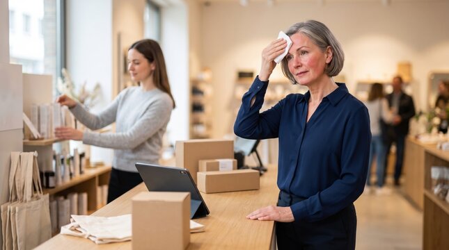Mature shop worker manages visible warmth with one discreet gesture, creating realistic menopause at work concept focused on dignity and customer facing pressure daily today.
