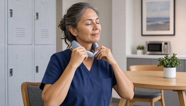 Frontline employee manages hot flash with wearable cooling aid during scheduled break, highlighting menopause accommodation, comfort and professional resilience at work today.