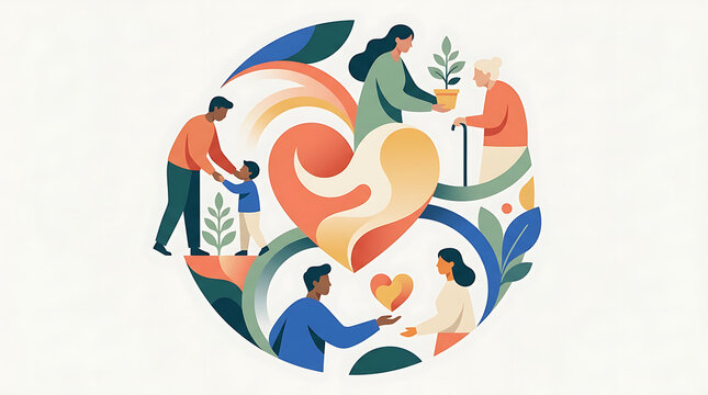 Diverse people helping each other around a large heart shape symbol