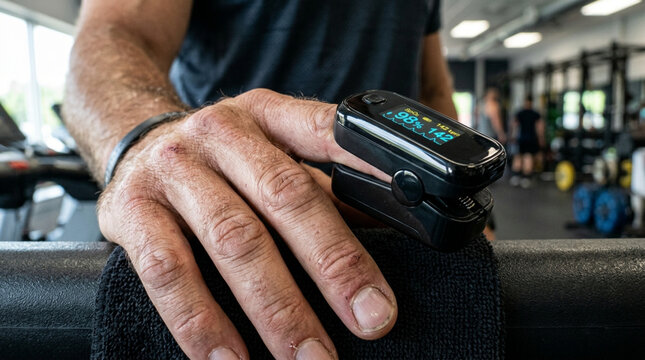 Man's hand with pulse oximeter in gym during workout, fitness tracking