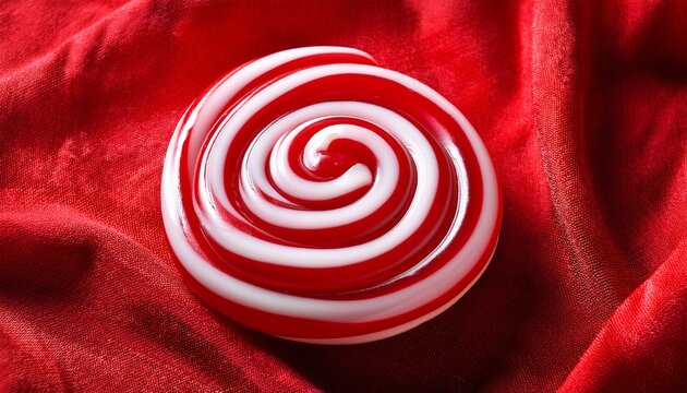a red and white spiral candy on a red fabric surface