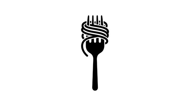 Black silhouette of a fork with wrapped spaghetti pasta isolated on transparent background
