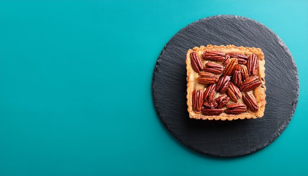 pecan pie on slate with copy space isolated on teal background