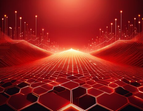 wireless network connection technology background concept hexagon shapes pattern and connection lines on red background