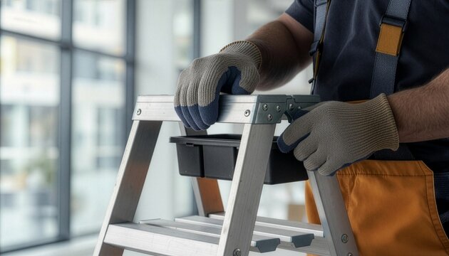 Close-up of a worker wearing textured safety gloves and a tool belt uniform while holding an aluminum stepladder with a black plastic tray inside a modern room under renovation.
