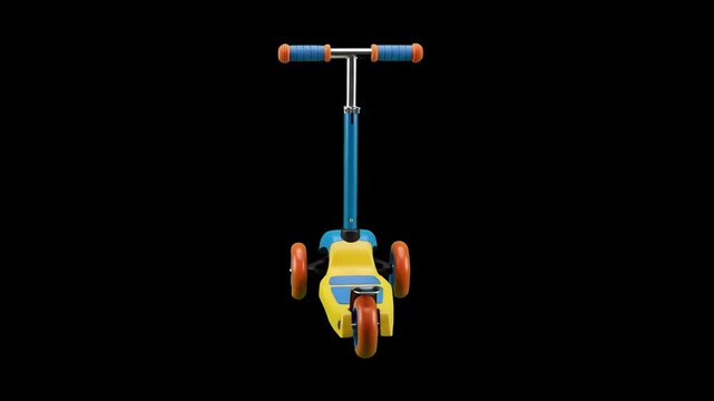 Colorful yellow and blue three-wheeled kick scooter for young children isolated against a solid black backdrop. Perfect for toy commercials, childhood play promos, family activity videos, and motion g