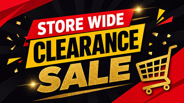 Vibrant ad graphic for store-wide clearance sale with bold red yellow gold text, gold cart, and confetti on black background