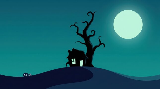 Dark house on hill with creepy tree under full moon vector illustration.