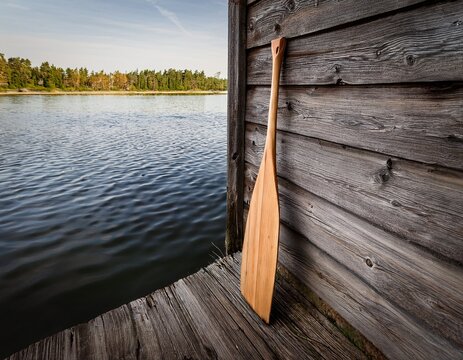 a weathered wooden paddle rests against a rustic gray stained wooden wall beside a body of water
