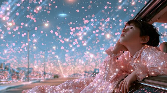 Child reaching up toward sparkling night sky from car window, magical whimsical art